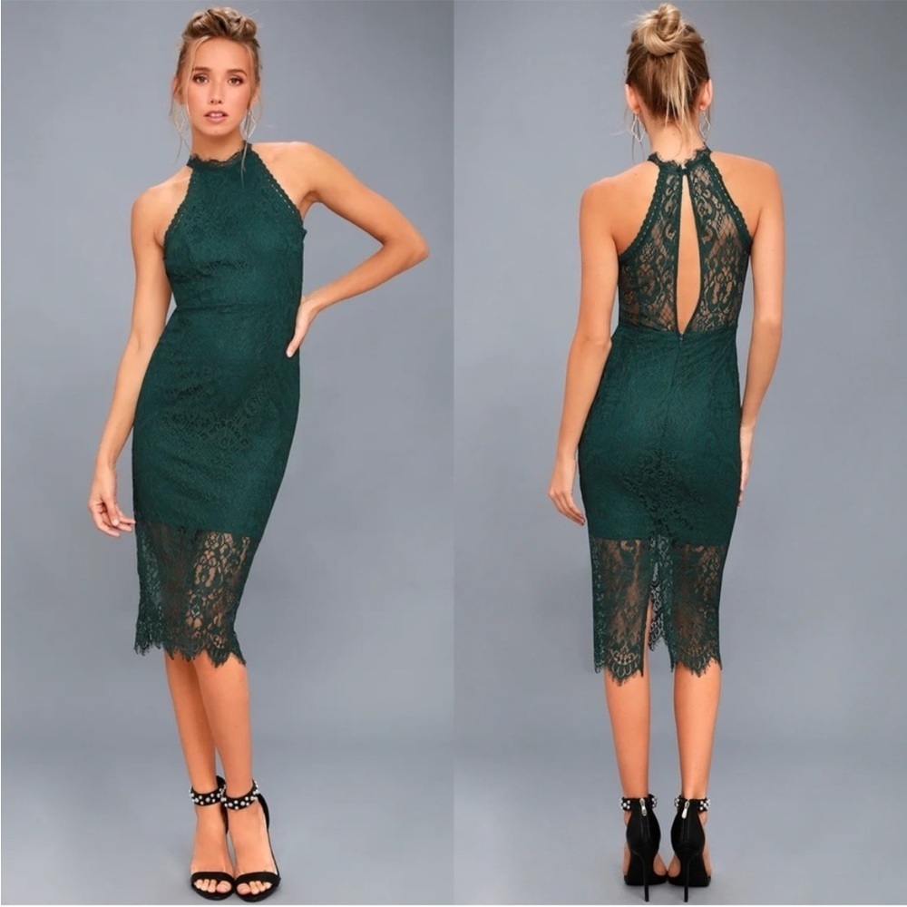 NWT Lulus Kiss Me at Midnight Forest Green Lace Halter Bodycon Midi Dress